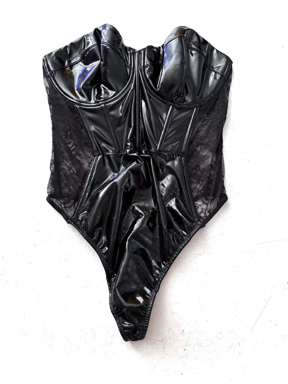 Victorias Secret Faux Patent Leather Lace Balconette Boned Bodysuit Teddy XXL